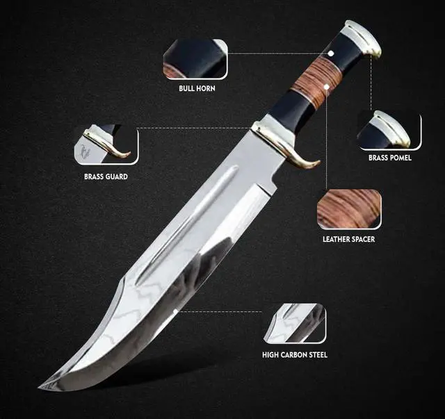 Alt view image 3 of 5 - D2 17 Inches Large Crocodile Dundee Bowie Knife with Leather Sheath Big Survival Fixed Blade Knife with Leather and Horn Handle for Outdoor Camping Knives For Men