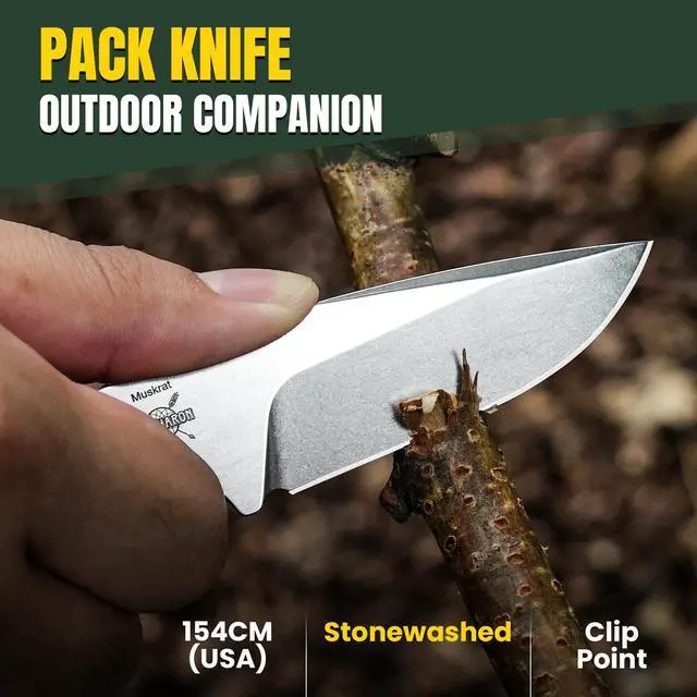 Alt view image 2 of 7 - Muskrat Fixed Blade Knife, Argyle Brown Micarta Handle, 1064C1 | 3.15" 154CM Clip Point Stonewashed Blade, Small EDC Fixed Blade Knife with Brown Sheath for Outdoor Hunting Survival Camping