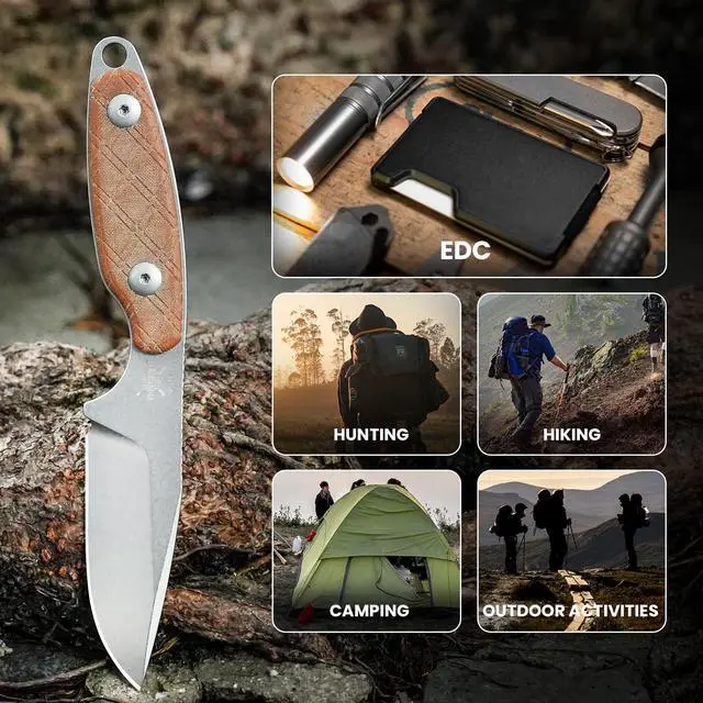 Alt view image 7 of 7 - Muskrat Fixed Blade Knife, Argyle Brown Micarta Handle, 1064C1 | 3.15" 154CM Clip Point Stonewashed Blade, Small EDC Fixed Blade Knife with Brown Sheath for Outdoor Hunting Survival Camping