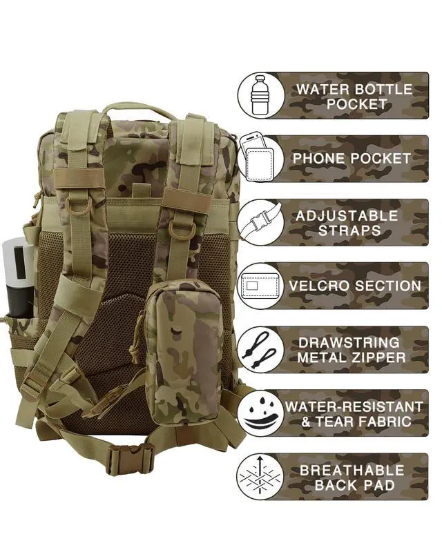 Alt view image 2 of 7 - Military Tactical Backpack,Sturdy Work & Molle Laptops Rucksack,Army Assault Pack for Hiking Camping Travel Fishing Gym, Camo