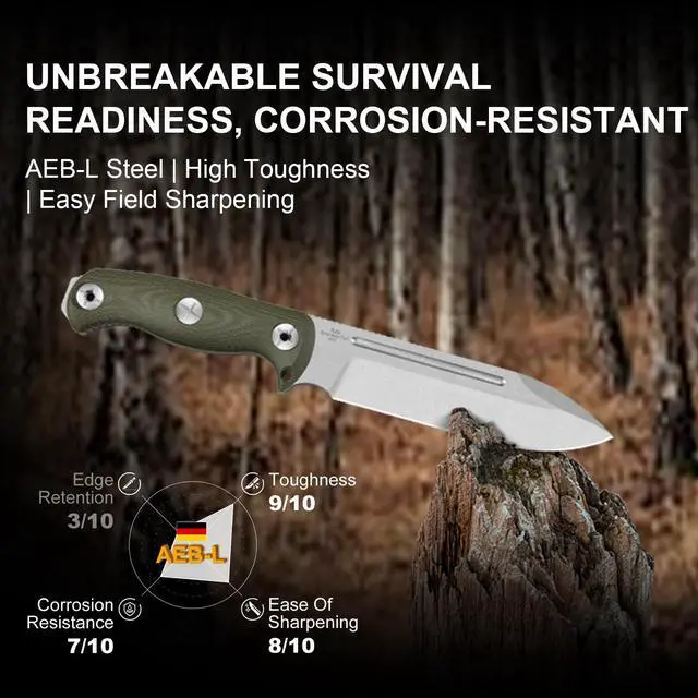 Alt view image 3 of 7 - Drop Bear Fix 7 Fixed Blade Knife, 6.51" AEB-L Blade Hunting Knife with Green Micarta Handle & Hammer Pommel, Survival Knives with Sheath, Bushcraft Knives with Rotatable Clip, 1103A1