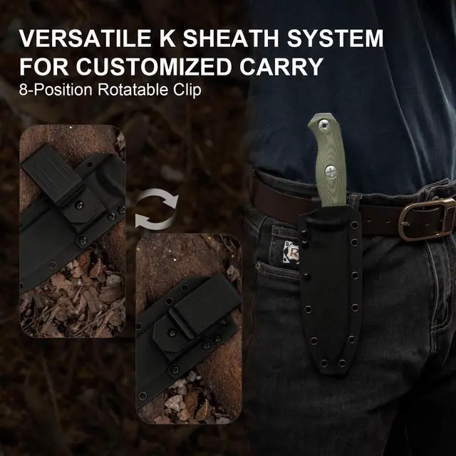 Alt view image 6 of 7 - Drop Bear Fix 7 Fixed Blade Knife, 6.51" AEB-L Blade Hunting Knife with Green Micarta Handle & Hammer Pommel, Survival Knives with Sheath, Bushcraft Knives with Rotatable Clip, 1103A1