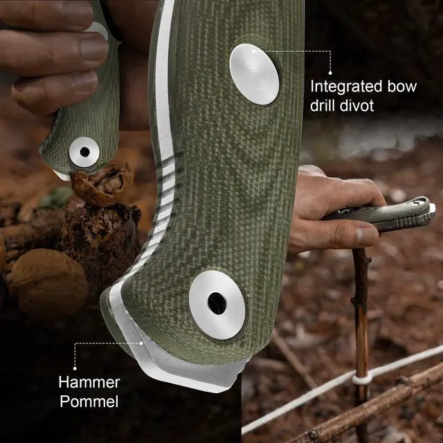 Alt view image 5 of 7 - Drop Bear Fix 7 Fixed Blade Knife, 6.51" AEB-L Blade Hunting Knife with Green Micarta Handle & Hammer Pommel, Survival Knives with Sheath, Bushcraft Knives with Rotatable Clip, 1103A1
