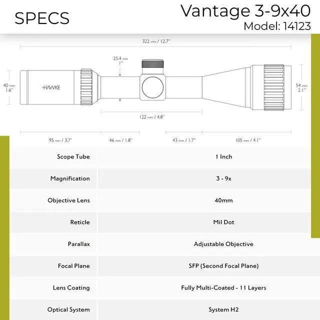 Alt view image 4 of 7 - Vantage 3-9x40 Riflescope - 1" Mono-Tube Shockproof Waterproof Fogproof Hunting Scope with Fast Focus Eyebell & Capped Low-Profile Resettable Turrets