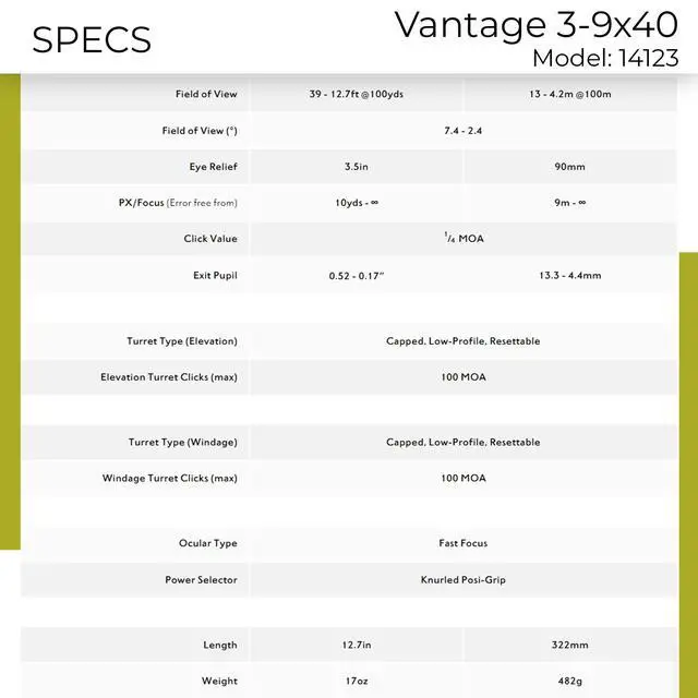 Alt view image 5 of 7 - Vantage 3-9x40 Riflescope - 1" Mono-Tube Shockproof Waterproof Fogproof Hunting Scope with Fast Focus Eyebell & Capped Low-Profile Resettable Turrets