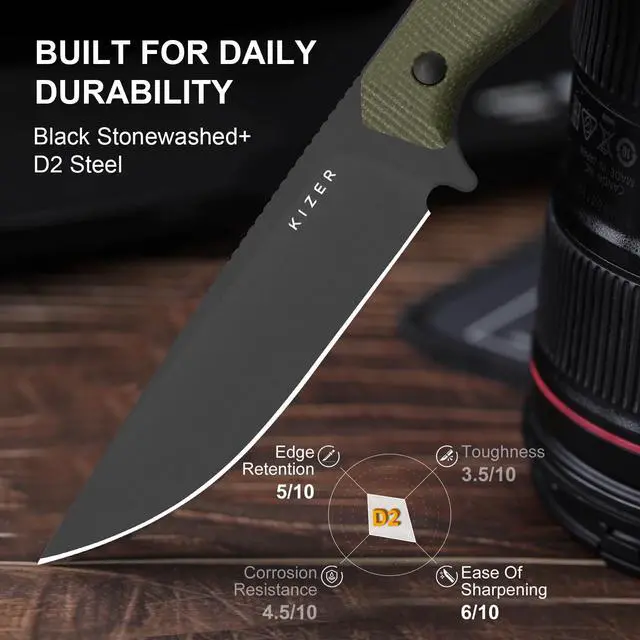 Alt view image 3 of 7 - Begleiter Fix Fixed Blade Knife, 3.78" Drop Point D2 Blade Hunting Knives with Kydex Sheath, Green Micarta Handle EDC Knife for Camping Hunting Survival 1045MD3