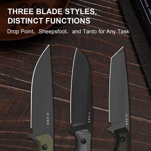 Alt view image 2 of 7 - Begleiter Fix Fixed Blade Knife, 3.78" Drop Point D2 Blade Hunting Knives with Kydex Sheath, Green Micarta Handle EDC Knife for Camping Hunting Survival 1045MD3