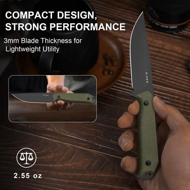 Alt view image 5 of 7 - Begleiter Fix Fixed Blade Knife, 3.78" Drop Point D2 Blade Hunting Knives with Kydex Sheath, Green Micarta Handle EDC Knife for Camping Hunting Survival 1045MD3