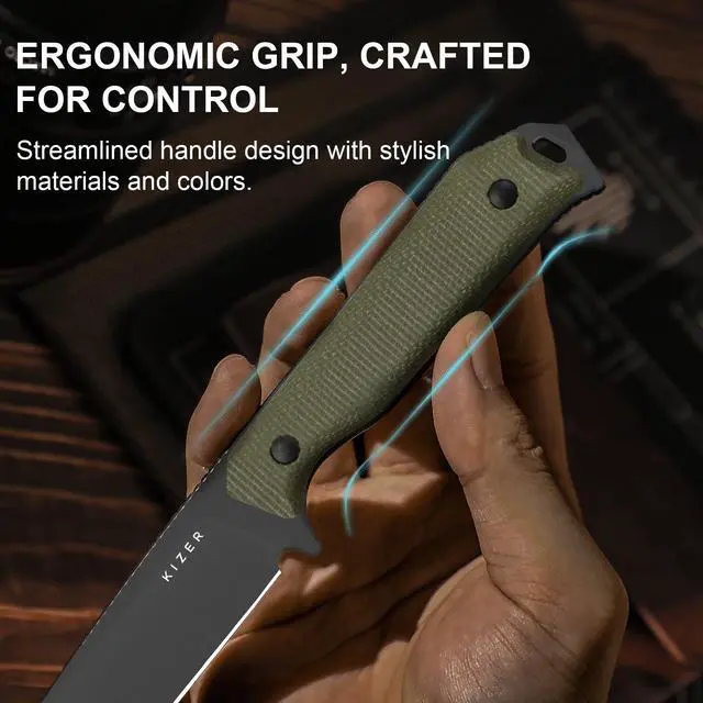 Alt view image 6 of 7 - Begleiter Fix Fixed Blade Knife, 3.78" Drop Point D2 Blade Hunting Knives with Kydex Sheath, Green Micarta Handle EDC Knife for Camping Hunting Survival 1045MD3