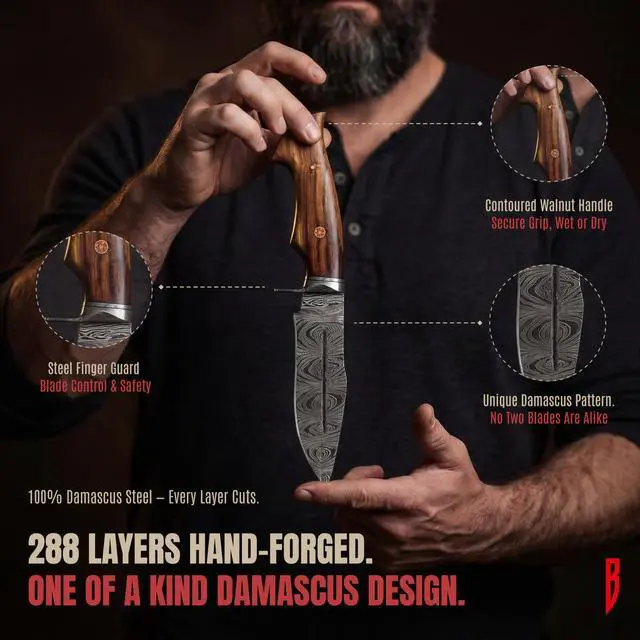 Alt view image 3 of 7 - Beast Hunter - Handmade Damascus Steel Fixed Blade Hunting Knife 10" - Walnut Wood Handle & Leather Sheath - Skinning Outdoor Camp Survival Bushcraft EDC Knife - Collector Gifts for Men