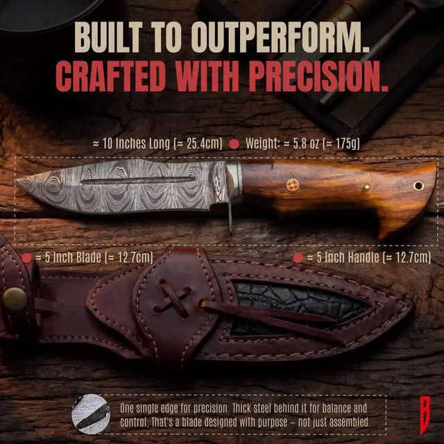 Alt view image 4 of 7 - Beast Hunter - Handmade Damascus Steel Fixed Blade Hunting Knife 10" - Walnut Wood Handle & Leather Sheath - Skinning Outdoor Camp Survival Bushcraft EDC Knife - Collector Gifts for Men