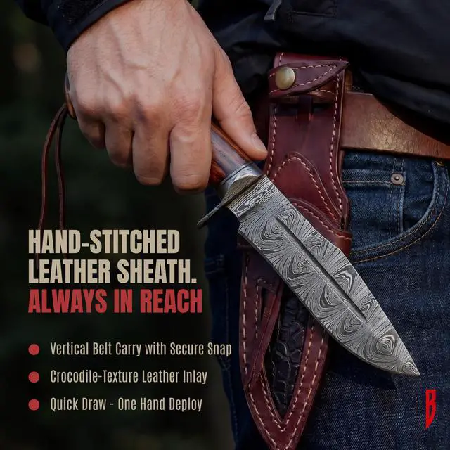 Alt view image 6 of 7 - Beast Hunter - Handmade Damascus Steel Fixed Blade Hunting Knife 10" - Walnut Wood Handle & Leather Sheath - Skinning Outdoor Camp Survival Bushcraft EDC Knife - Collector Gifts for Men