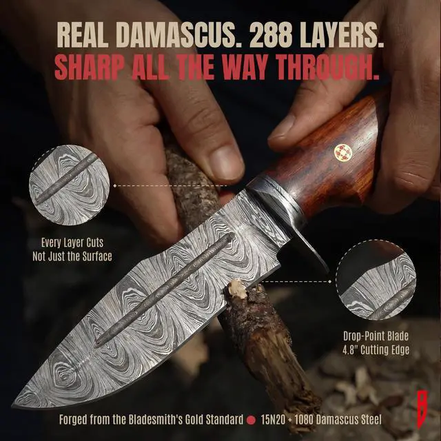 Alt view image 5 of 7 - Beast Hunter - Handmade Damascus Steel Fixed Blade Hunting Knife 10" - Walnut Wood Handle & Leather Sheath - Skinning Outdoor Camp Survival Bushcraft EDC Knife - Collector Gifts for Men