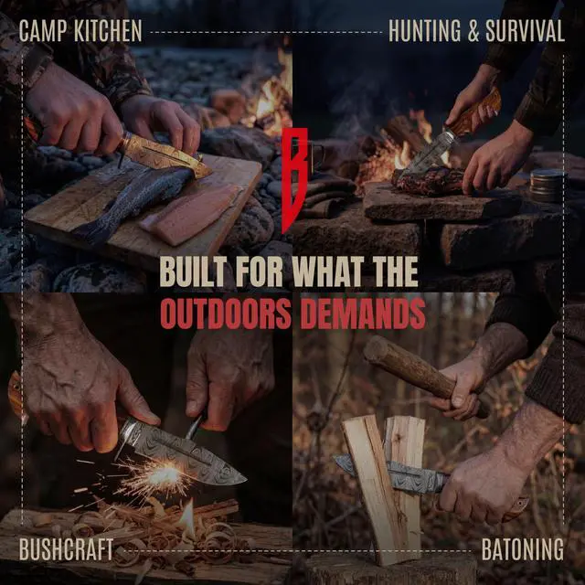 Alt view image 7 of 7 - Beast Hunter - Handmade Damascus Steel Fixed Blade Hunting Knife 10" - Walnut Wood Handle & Leather Sheath - Skinning Outdoor Camp Survival Bushcraft EDC Knife - Collector Gifts for Men