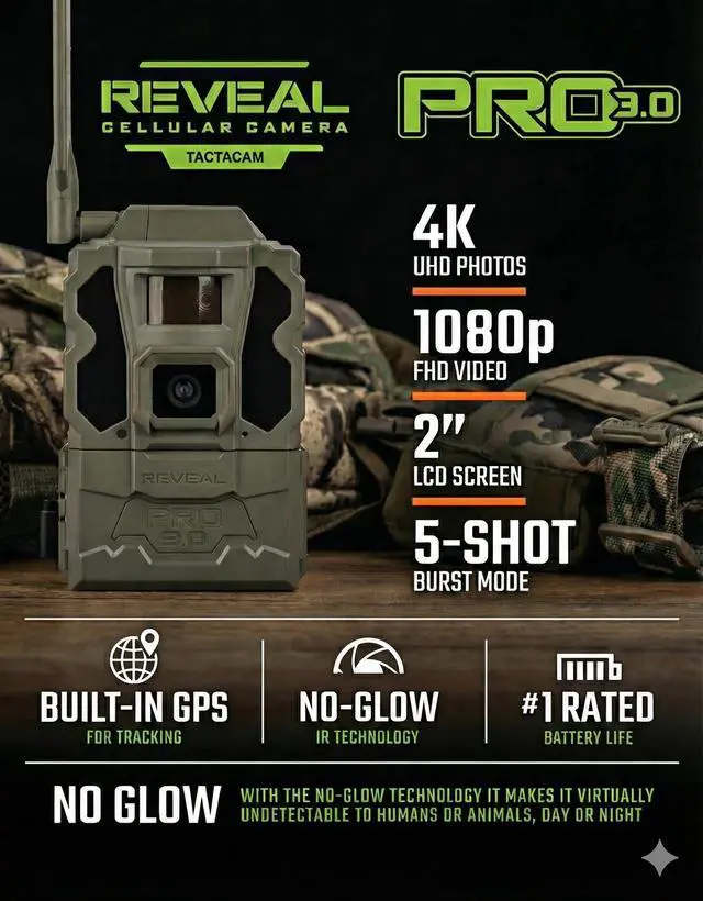 Alt view image 2 of 7 - Reveal Pro 3.0 Cellular Trail Camera - Multi-Cellular Network, GPS, 2" LCD, No-Glow IR, Wi-Fi Enabled, HD Photos & 1080p Videos, Fast Trigger + 32GB SD Card (1PK)