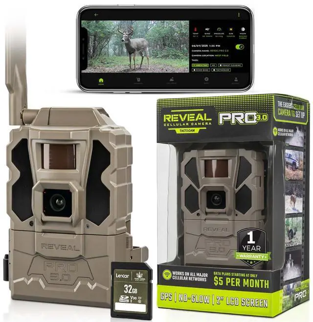 Main image of Reveal Pro 3.0 Cellular Trail Camera - Multi-Cellular Network, GPS, 2" LCD, No-Glow IR, Wi-Fi Enabled, HD Photos & 1080p Videos, Fast Trigger + 32GB SD Card (1PK)
