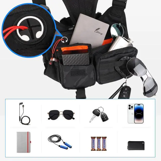 Alt view image 2 of 7 - Chest Bag For Men, Tactical Inspired Sports Utility Chest Pack, EDC Pouch Bag With Built-In Phone Holder for Workouts, Running, Cycling, Black