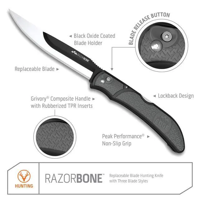 Alt view image 2 of 6 - RazorBone Replaceable Blade Folding Hunting Knife with Clip & Sheath. 3 Butcher Knife Blade Styles - Boning, Gutting, & Skinning Knives. Gray, Camo Sheath, 6 Blades & Blade Box