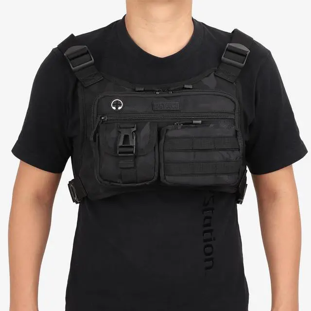 Alt view image 7 of 7 - Chest Bag For Men, Tactical Inspired Sports Utility Chest Pack, EDC Pouch Bag With Built-In Phone Holder for Workouts, Running, Cycling, Black