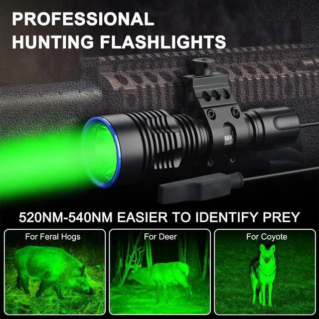 Alt view image 2 of 7 - UC20 Green Hunting Light Flashlight kit,1586 Yards Green LED Light, 2000 High Lumens, Picatinny Mount, Pressure Switch, Long Distance Night Hunting Gifts for Men