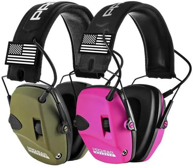 Main image of 2 Pack Electronic Ear Protection for Shooting with 4X Sound Amplification, Gun Range Hearing Protection Muffs, NRR 23dB Noise Reduction Headphones for Hunting, Green and Pink