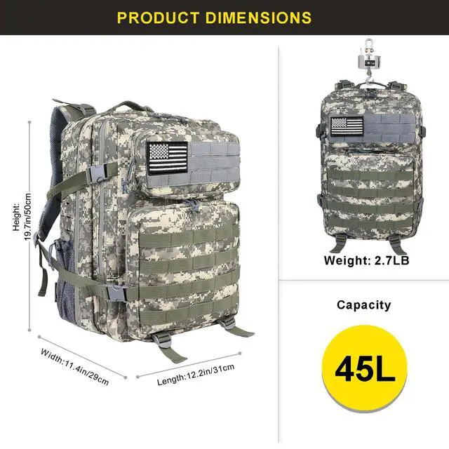 Alt view image 2 of 7 - 45L Military Tactical Backpack, Army 3-Day Assault Pack Bug Out Bag for Hiking Camping | Army