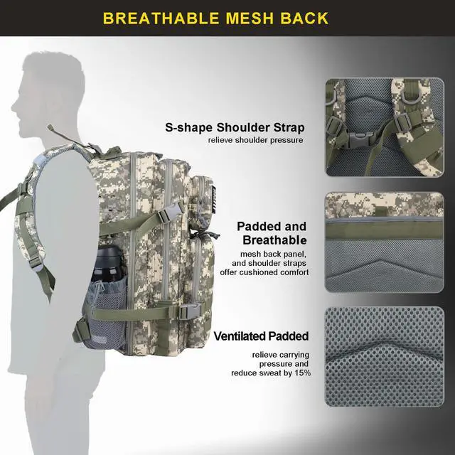Alt view image 3 of 7 - 45L Military Tactical Backpack, Army 3-Day Assault Pack Bug Out Bag for Hiking Camping | Army