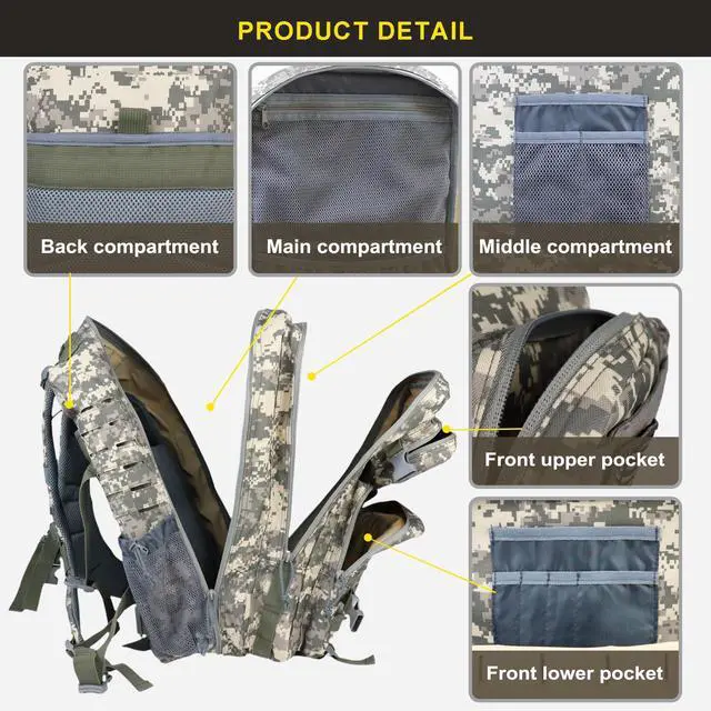 Alt view image 6 of 7 - 45L Military Tactical Backpack, Army 3-Day Assault Pack Bug Out Bag for Hiking Camping | Army