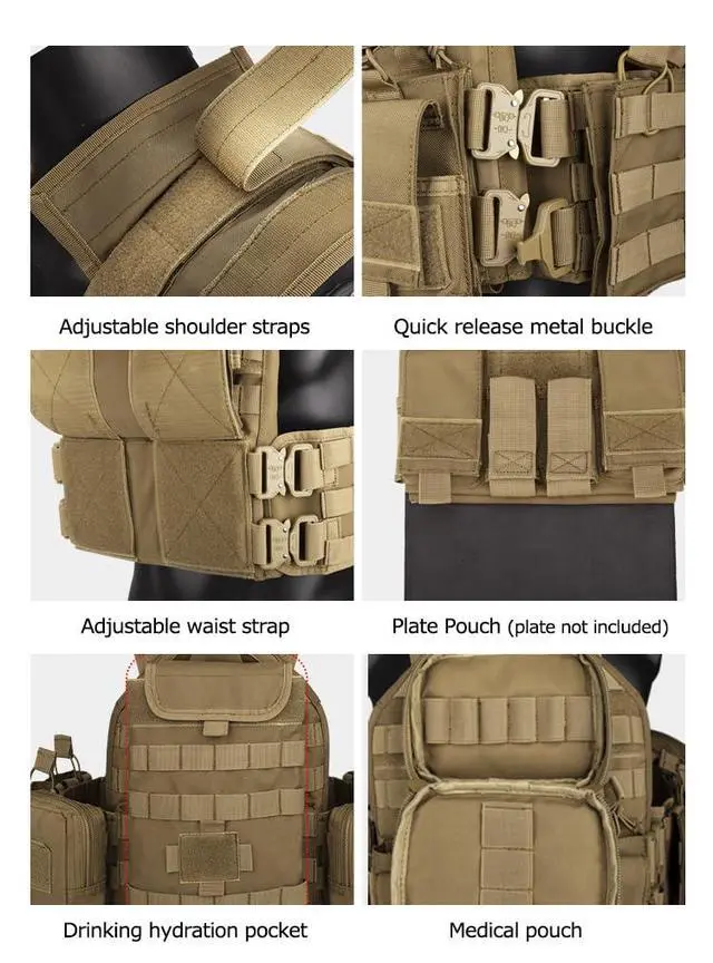 Alt view image 5 of 6 - YAKEDA Tactical Training Vest with PALS System - Multi-Pocket Adjustable Straps Quick-Release Buckle for Hunting