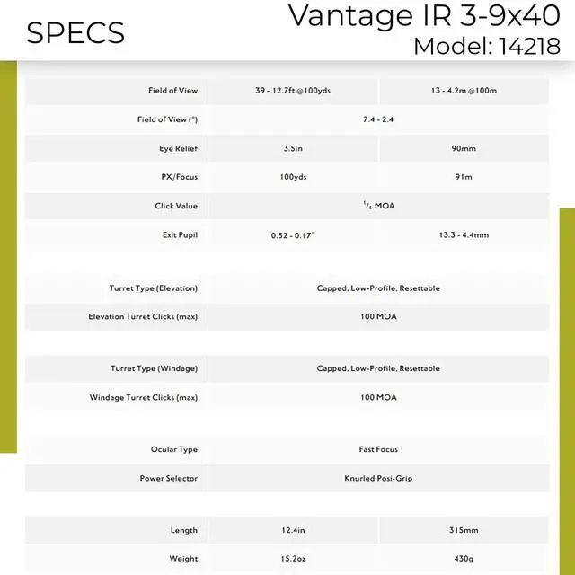 Alt view image 5 of 7 - Vantage IR 3-9x40 Riflescope | Waterproof 1" Tube Hunting Scope w/Illuminated Reticle, Capped Low-Profile Turrets, 11 Layer Fully Multi-Coated Lenses & High Torque Zoom Ring