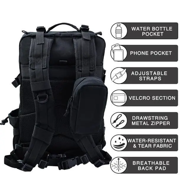 Alt view image 3 of 7 - Military Tactical Backpack,Sturdy Work & Molle Laptops Rucksack, Heavy Duty Pack for Hiking Camping Travel Fishing Gym,Black