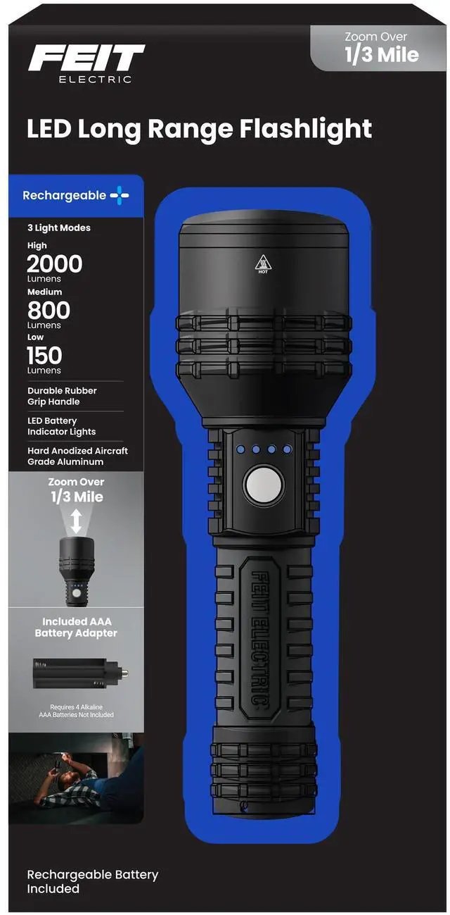 Main image of Long Range Flashlight, 2000 Lumens, Aircraft-Grade Aluminum, Rechargeable USB-C and AAA Battery Compatible, Flex Power with 3 Light Modes, Built-in USB Port, FLR2000/LT/FLEX