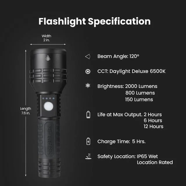 Alt view image 2 of 7 - Long Range Flashlight, 2000 Lumens, Aircraft-Grade Aluminum, Rechargeable USB-C and AAA Battery Compatible, Flex Power with 3 Light Modes, Built-in USB Port, FLR2000/LT/FLEX