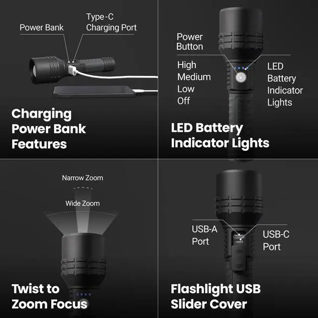 Alt view image 4 of 7 - Long Range Flashlight, 2000 Lumens, Aircraft-Grade Aluminum, Rechargeable USB-C and AAA Battery Compatible, Flex Power with 3 Light Modes, Built-in USB Port, FLR2000/LT/FLEX