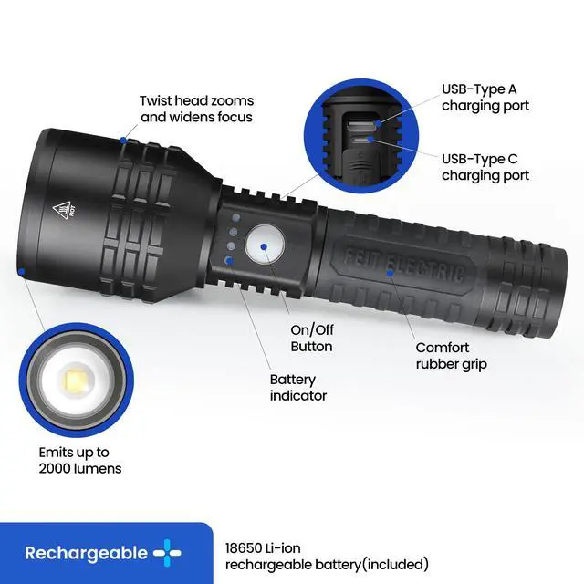 Alt view image 5 of 7 - Long Range Flashlight, 2000 Lumens, Aircraft-Grade Aluminum, Rechargeable USB-C and AAA Battery Compatible, Flex Power with 3 Light Modes, Built-in USB Port, FLR2000/LT/FLEX