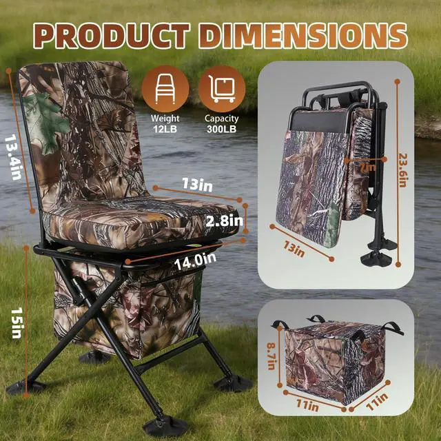 Alt view image 3 of 7 - Hunting Chair with Storage Bag, 360 Degree Silent Swivel Hunting Seat, Camouflage Foldable Ground Blind Chair, Tool-Free Padded Cushion Portable Seat, Lightweight