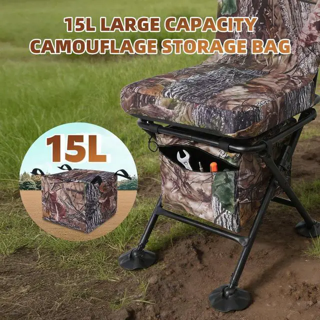 Alt view image 6 of 7 - Hunting Chair with Storage Bag, 360 Degree Silent Swivel Hunting Seat, Camouflage Foldable Ground Blind Chair, Tool-Free Padded Cushion Portable Seat, Lightweight