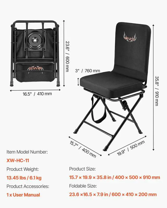 Alt view image 3 of 7 - Hunting Chair, 360° Silent Swivel, Foldable Lightweight Portable Blind Chair, Heavy-Duty Steel Frame Ground Stool Seat, with Adjustable Shoulder Strap, 300 Lbs Capacity for Fishing, Camping