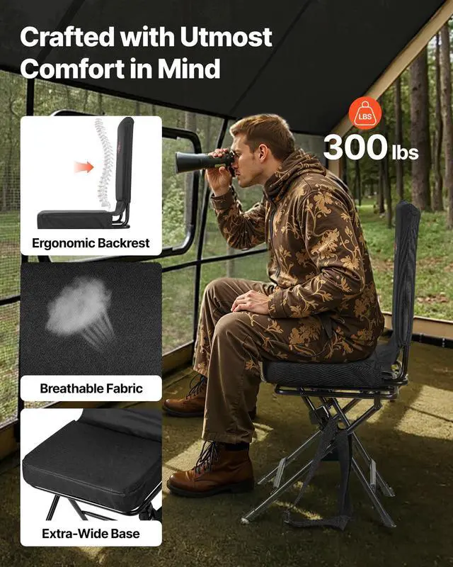 Alt view image 4 of 7 - Hunting Chair, 360° Silent Swivel, Foldable Lightweight Portable Blind Chair, Heavy-Duty Steel Frame Ground Stool Seat, with Adjustable Shoulder Strap, 300 Lbs Capacity for Fishing, Camping