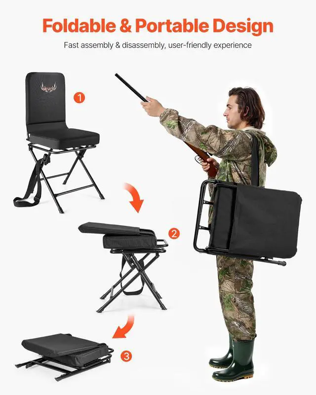 Alt view image 7 of 7 - Hunting Chair, 360° Silent Swivel, Foldable Lightweight Portable Blind Chair, Heavy-Duty Steel Frame Ground Stool Seat, with Adjustable Shoulder Strap, 300 Lbs Capacity for Fishing, Camping