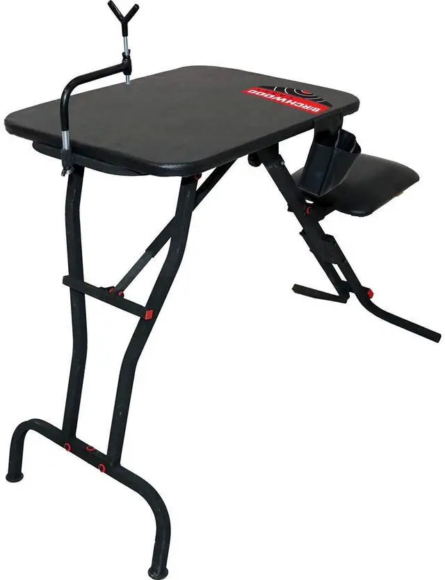 Main image of Swivel Action Shooting Bench with Thick Padded Seat, Extended Arm Rests, Padded Vinyl Cover, Gear Pouches & Adjustable Coated Gun-Rest