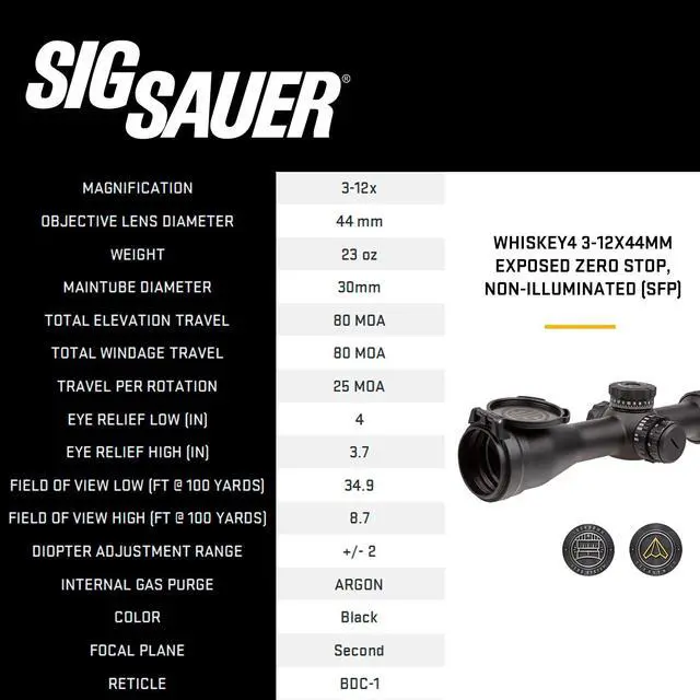 Alt view image 7 of 7 - WHISKEY4 3-12X44mm 30mm Tube SFP Durable Lightweight Precise Waterproof Black Hunting Riflescope, Flip-Back Caps & Throw Lever Included
