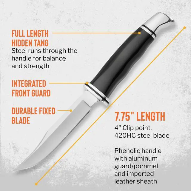 Alt view image 4 of 7 - 102 Woodsman Hunting Knife, 4" Fixed Blade, Full Tang Design, Phenolic Handle, 420HC Stainless Steel Clip Point Blade, Sheath Included, Knife Made in the USA, Black, 2.6 oz