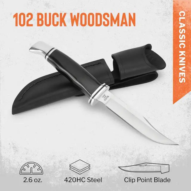 Alt view image 2 of 7 - 102 Woodsman Hunting Knife, 4" Fixed Blade, Full Tang Design, Phenolic Handle, 420HC Stainless Steel Clip Point Blade, Sheath Included, Knife Made in the USA, Black, 2.6 oz