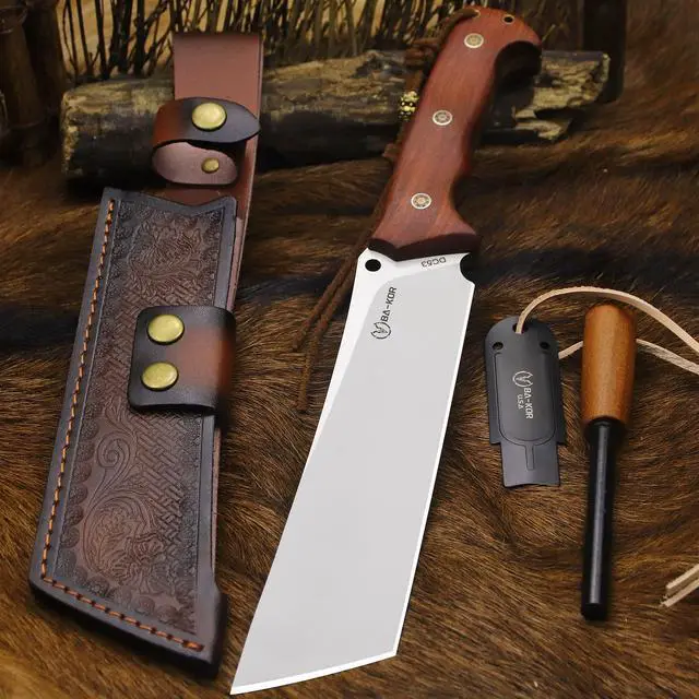 Alt view image 2 of 7 - 14-inch full Tang 8mm thick DC53 steel-wood handle brass rivet reinforced one-piece knife + leather sheath - hunting, camping, survival, slicing, bone-cutting knife EDC, BBQ