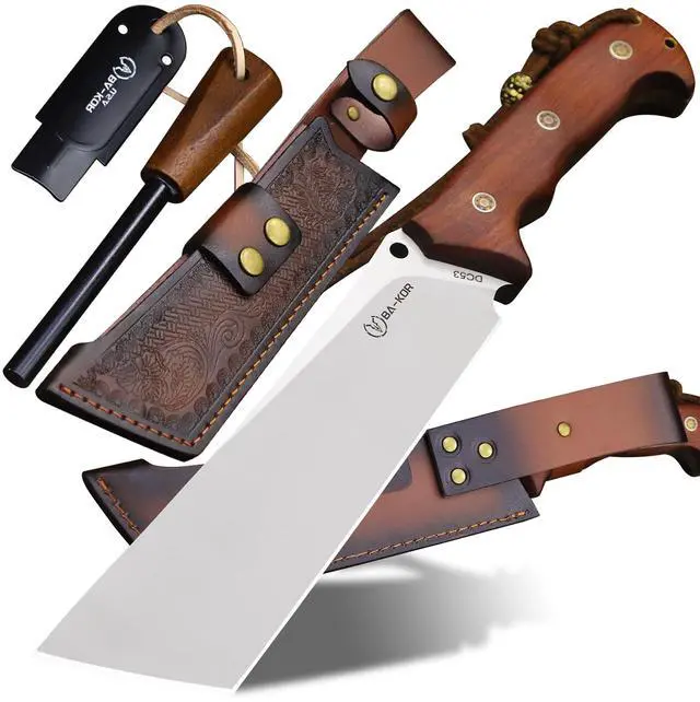 Main image of 14-inch full Tang 8mm thick DC53 steel-wood handle brass rivet reinforced one-piece knife + leather sheath - hunting, camping, survival, slicing, bone-cutting knife EDC, BBQ