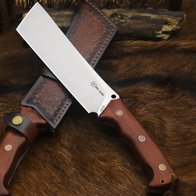 Alt view image 3 of 7 - 14-inch full Tang 8mm thick DC53 steel-wood handle brass rivet reinforced one-piece knife + leather sheath - hunting, camping, survival, slicing, bone-cutting knife EDC, BBQ