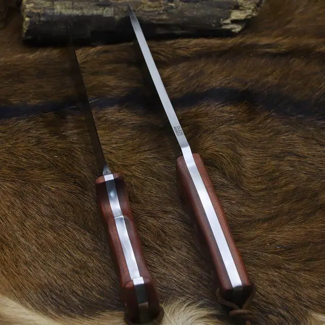 Alt view image 5 of 7 - 14-inch full Tang 8mm thick DC53 steel-wood handle brass rivet reinforced one-piece knife + leather sheath - hunting, camping, survival, slicing, bone-cutting knife EDC, BBQ
