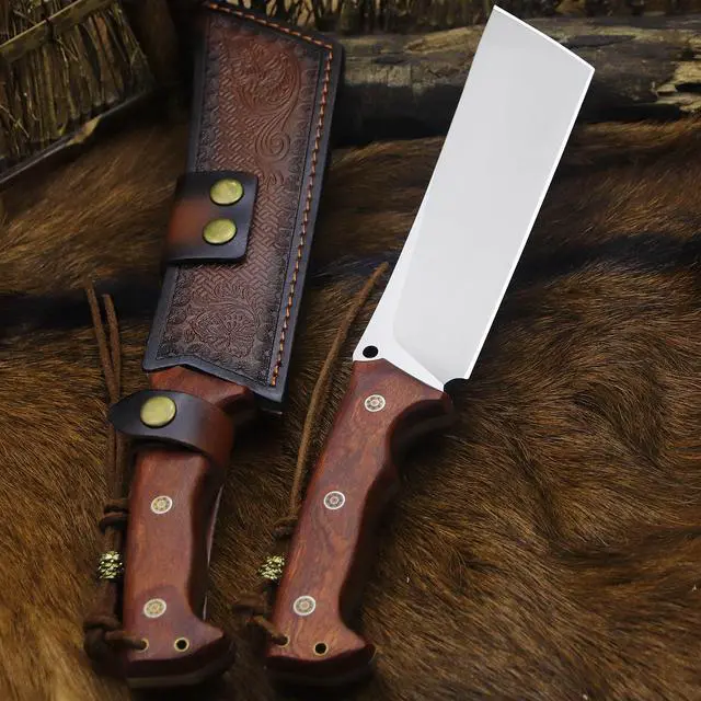 Alt view image 4 of 7 - 14-inch full Tang 8mm thick DC53 steel-wood handle brass rivet reinforced one-piece knife + leather sheath - hunting, camping, survival, slicing, bone-cutting knife EDC, BBQ