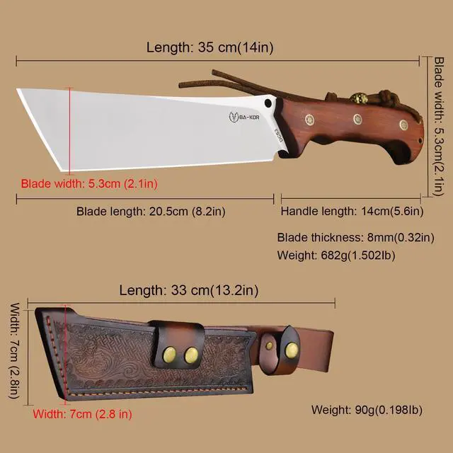 Alt view image 6 of 7 - 14-inch full Tang 8mm thick DC53 steel-wood handle brass rivet reinforced one-piece knife + leather sheath - hunting, camping, survival, slicing, bone-cutting knife EDC, BBQ